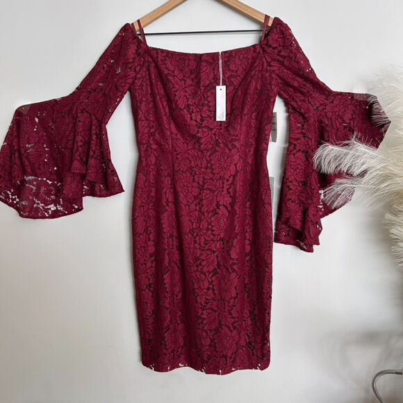 Chelsea28 Dresses & Skirts - Chelsea 28 Burgundy Maroon Off the Shoulder Flare Sleeve Lace Dress